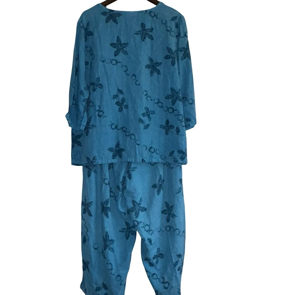 Hot Cotton Woman 2X Artsy Floral linen Lounge Set Beachy Lagenlook Top Pants - Picture 3 of 5